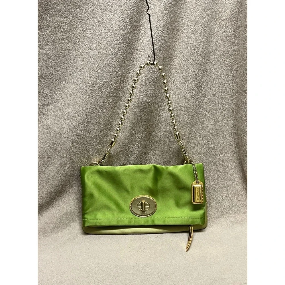 COACH 12926 AMANDA FOLD OVER Green SATIN CHAIN SHOULDER BAG